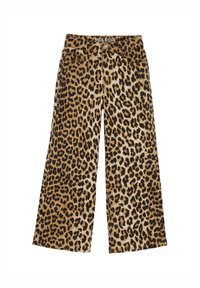 Hlače širokog kroja u leopard uzorku u bež i crnoj boji, s kopčanjem na dugme i "BLUE RIDGE" oznakom na pojasu. Mekana tekstura tkanine.