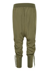 Olijfgroene tapse broeken met een elastische tailleband, koorden bij de enkels en een soepele, lichte stof.