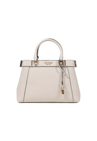 Sac à main structuré beige avec deux poignées supérieures, accents en matériel doré et détail de logo. Texture lisse avec une bordure noire contrastante.