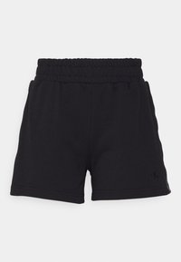 Pantaloni corti in cotone nero con cintura elastica, caratterizzati da un piccolo logo laterale e una superficie liscia. Design semplice, taglio fino al ginocchio.