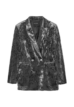 Blazer en velours de couleur gris foncé avec un devant croisé, des revers crantés, deux poches avant et une poche poitrine. Texture lisse.