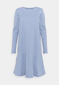 Långärmad klänning i ljusblå jerseytyg, med rund halsringning och utställd kjol med sömdetalj vid midjan.