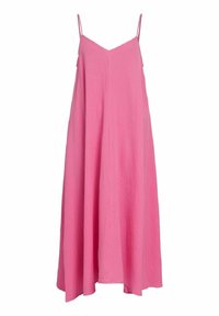 Robe rose sans manches en tissu texturé, avec un col en V et une coupe évasée en ligne A qui tombe juste en dessous des genoux.