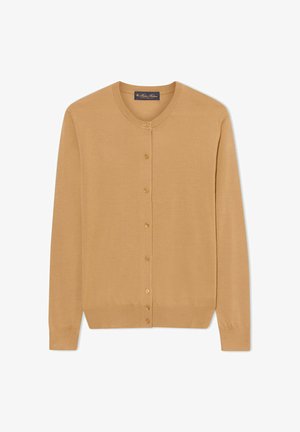 Cardigan a maglia color cammello con maniche lunghe e sette bottoni frontali, caratterizzato da scollo rotondo e polsini e orlo a costine.