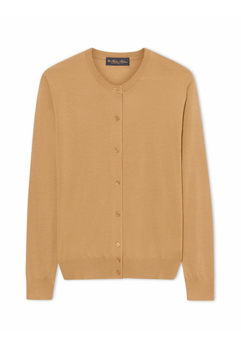 Kardigan dzianinowy w kolorze wielbłądzim z długimi rękawami i siedmioma guzikami z przodu, z okrągłym dekoltem oraz żebrowanymi mankietami i dołem.