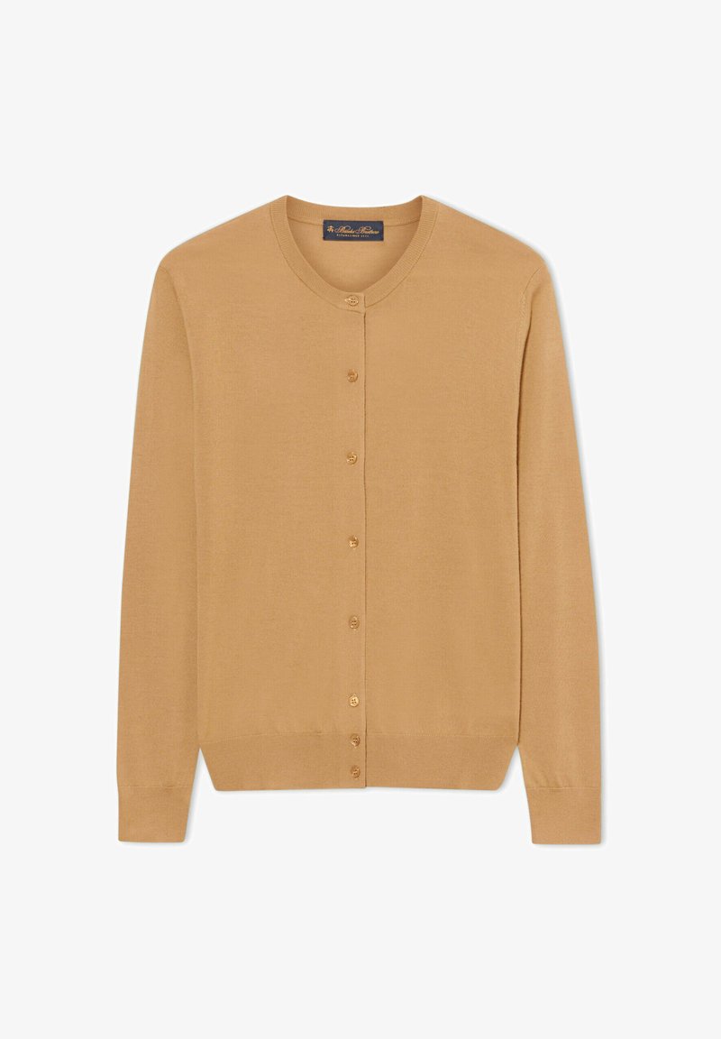 Kardigan dzianinowy w kolorze wielbłądzim z długimi rękawami i siedmioma guzikami z przodu, z okrągłym dekoltem oraz żebrowanymi mankietami i dołem.