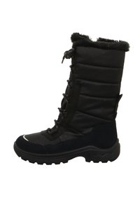 Černá voděodolná zimní bota s polstrovaným textilním svrškem, gumovou podešví a umělou kožešinou. Obsahuje šněrování a vyztuženou špičku pro zvýšenou odolnost.