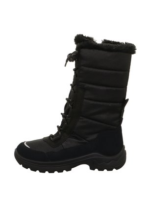 Zwarte waterdichte winterlaars met een gevoerde stoffen schacht, rubberen zool en nepvachtafwerking. Voorzien van veters en een versterkte neus voor duurzaamheid.