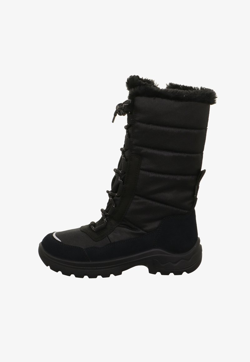 Schwarzer wasserdichter Winterstiefel mit einem gepolsterten Stoffschaft, Gummisohle und Kunstfellbesatz. Ausgestattet mit Schnürsenkeln und einer verstärkten Zehenkappe für Langlebigkeit.