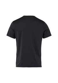 T-shirt nera a maniche corte realizzata in tessuto morbido. Presenta un collo girocollo e un design semplice senza fantasie o hardware visibili.