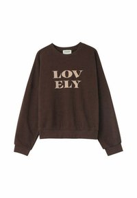 Felpa marrone in cotone con scollo rotondo, maniche lunghe e la parola "LOVELY" stampata in un font beige chiaro sulla parte frontale.