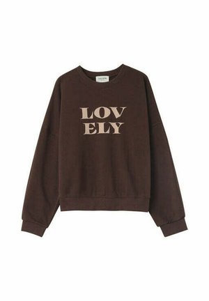 Felpa marrone in cotone con scollo rotondo, maniche lunghe e la parola "LOVELY" stampata in un font beige chiaro sulla parte frontale.