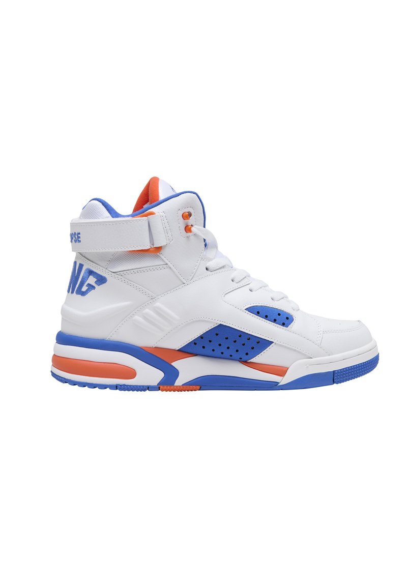 White, blue, and orange high-top sneaker with strap, padded ankle collar, perforated side panel, and bold blue text on heel.