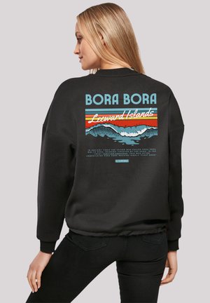 Black sweatshirt featuring a graphic design with "BORA BORA" text, horizontal stripes in orange, blue, and white, and wave motifs on the back.