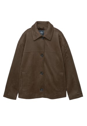 Bruine suède jas met kraag, knoopsluiting en zijzakken. Heeft een gladde textuur en een eenvoudig, modern ontwerp.