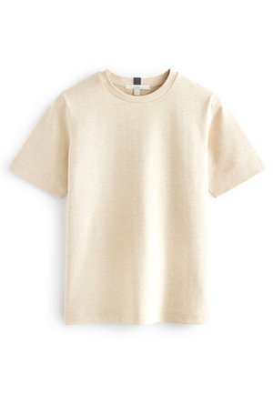 T-shirt beige a maniche corte realizzato in cotone morbido, con scollatura rotonda e vestibilità morbida, caratterizzato da una leggera texture.