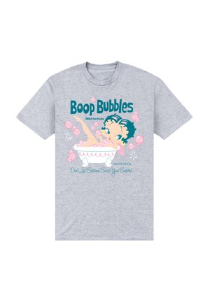 Szara koszulka z rysunkowym bohaterem w wannie otoczonym bańkami. Tekst brzmi "Bąbelki Boop Delikatna formuła" z zabawnym wzorem.