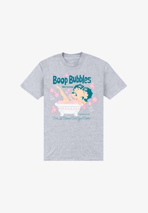 Šedé tričko s kreslenou postavičkou v vaně obklopenou bublinkami. Text zní "Boop Bubbles Mírný vzorec" s hravým designem.