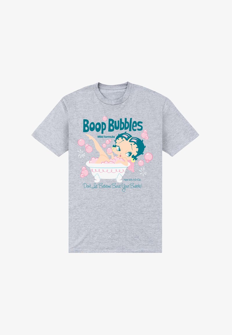 Szara koszulka z rysunkowym bohaterem w wannie otoczonym bańkami. Tekst brzmi "Bąbelki Boop Delikatna formuła" z zabawnym wzorem.