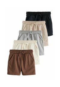 Five pairs of athletic shorts in varying colors: brown, beige, gray, cream, and black. Each has an elastic waistband and side pockets.