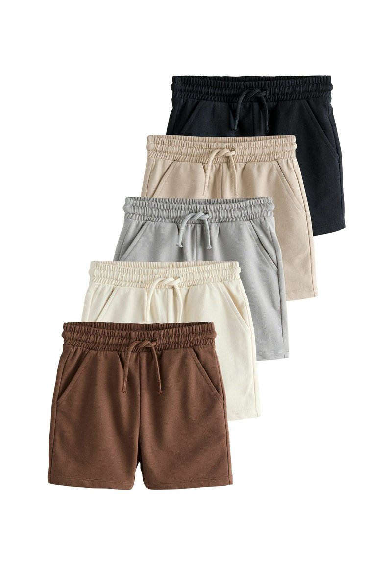Five pairs of athletic shorts in varying colors: brown, beige, gray, cream, and black. Each has an elastic waistband and side pockets.