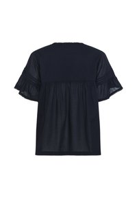 Top in cotone blu navy con maniche corte a balze, una parte inferiore plissettata e scollatura rotonda. Tessuto morbido e design dalla vestibilità ampia.