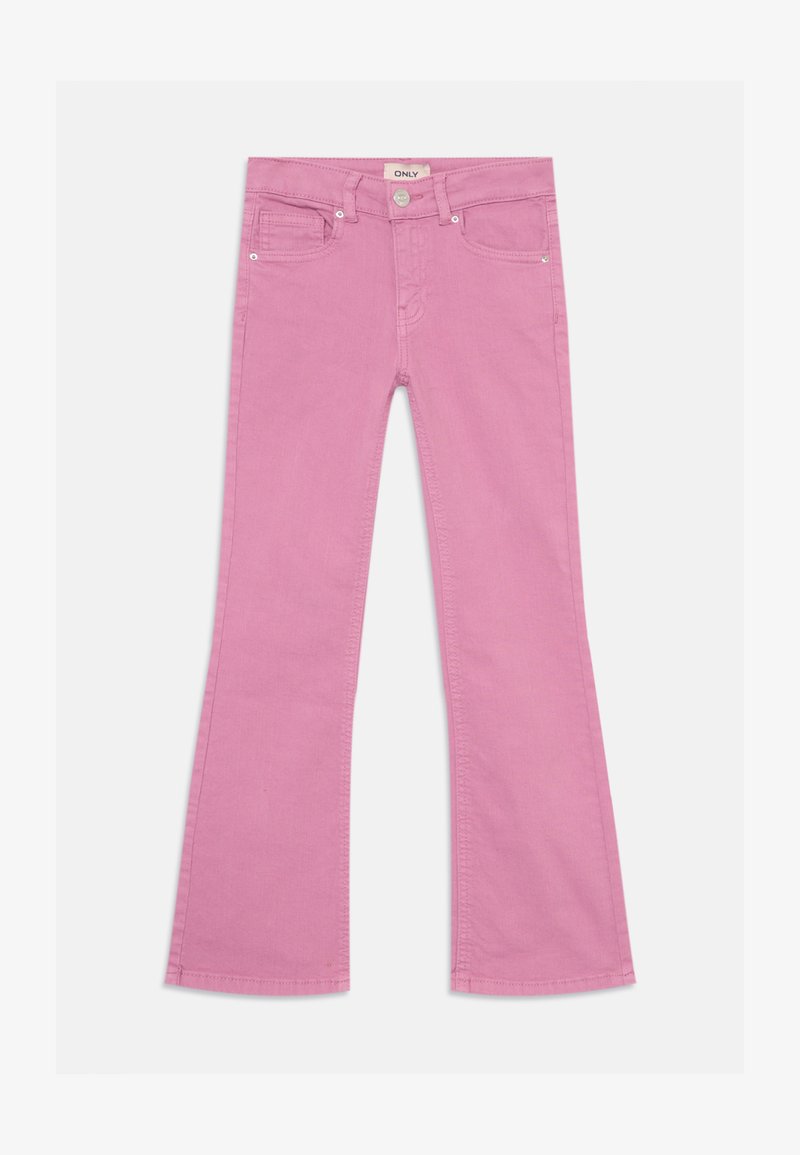 Roza zvonasta jeans hlače z zadrgo in gumbom. Imajo sprednje žepe in trpežno teksturo denima. Oblikovali so jih s čisto, minimalistično estetiko.