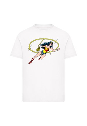 Weißes T-Shirt mit Wonder Woman in ihrem klassischen Kostüm, die ihren leuchtenden goldenen Lasso in Aktion über die Brust schwingt.