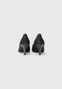 Chaussures à talons hauts en velours noir avec un bout pointu et un talon fin. L'arrière présente une texture lisse et une silhouette épurée.