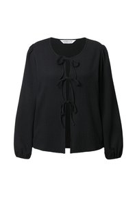 Blusa nera a maniche lunghe con tessuto testurizzato, scollatura rotonda e chiusura con lacci davanti, caratterizzata da dettagli arricciati sulle maniche.
