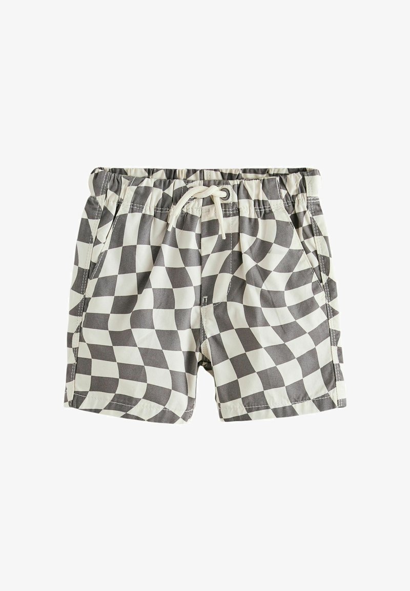 Dziecięce kąpielówki z czarno-białym falistym wzorem szachownicy, elastycznym pasem i białym sznurkiem do wiązania.