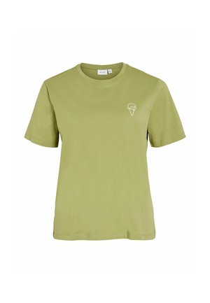 T-shirt vert olive à manches courtes avec col rond et petit motif de cornet de glace blanc sur la poitrine gauche.