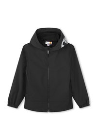 Giacca nera con cappuccio, con zip anteriore, polsini elasticizzati e due grandi tasche frontali. Presenta un logo sul cappuccio. Realizzata in tessuto liscio.