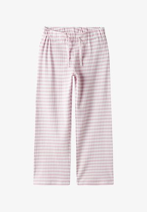 Pantalones de cuadros vichy rosas con cintura elástica y cordón, fabricados en un tejido suave, con piernas anchas y una textura lisa.