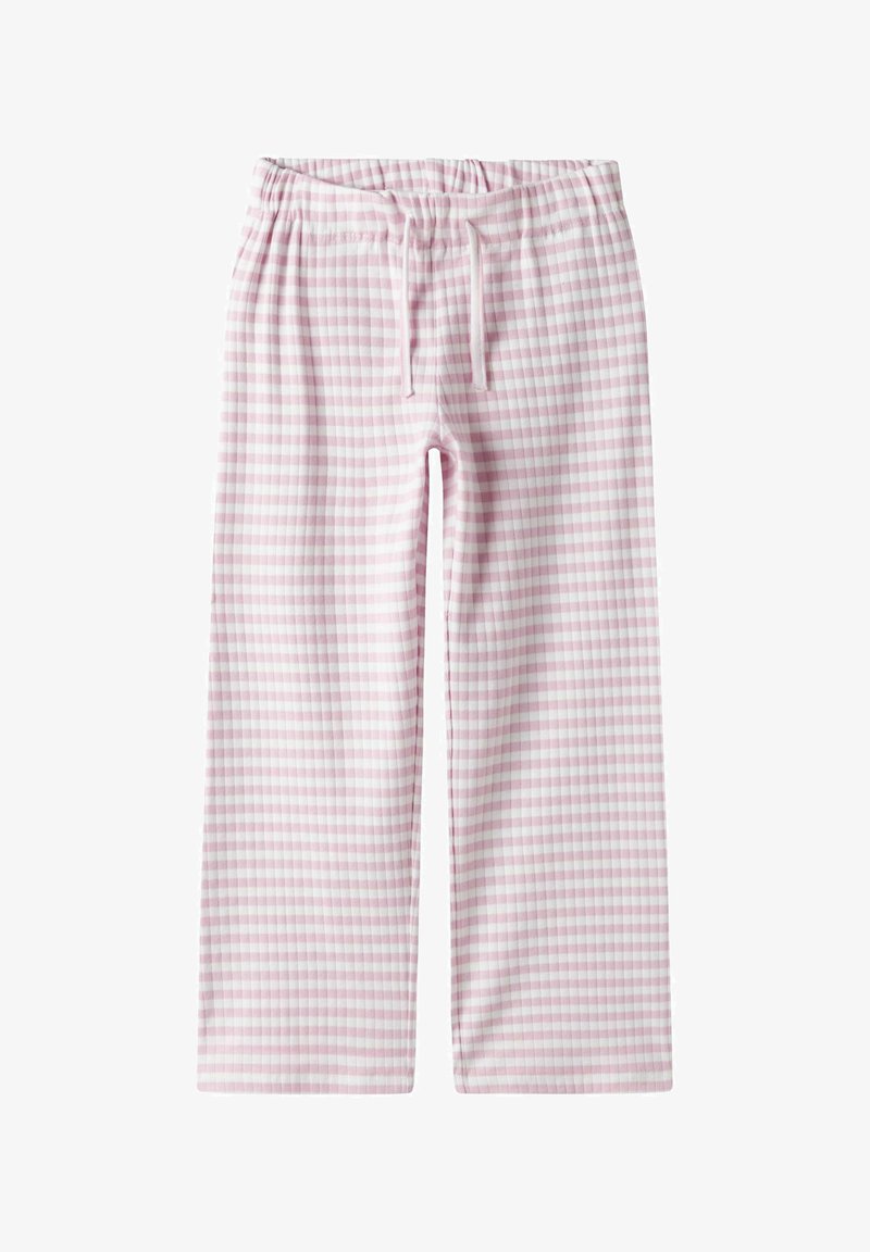 Rožinės gėlių rašto kelnės su elastinga juosmens juosta ir raišteliu, pagamintos iš minkštos medžiagos, su plačiomis kojomis ir lygiu paviršiumi.