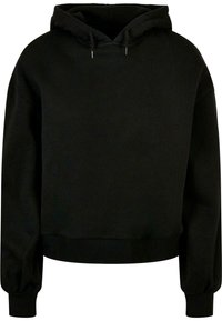 Sudadera negra con capucha, de manga larga, con puños y dobladillo acanalados, fabricada en una tela suave; cuenta con un bolsillo canguro y cordones en la capucha.