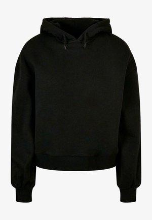 Hanorac negru cu glugă, cu mâneci lungi, cu manșete și tiv din material căptușit; dispune de un buzunar tip cangur și sireturi pe glugă.