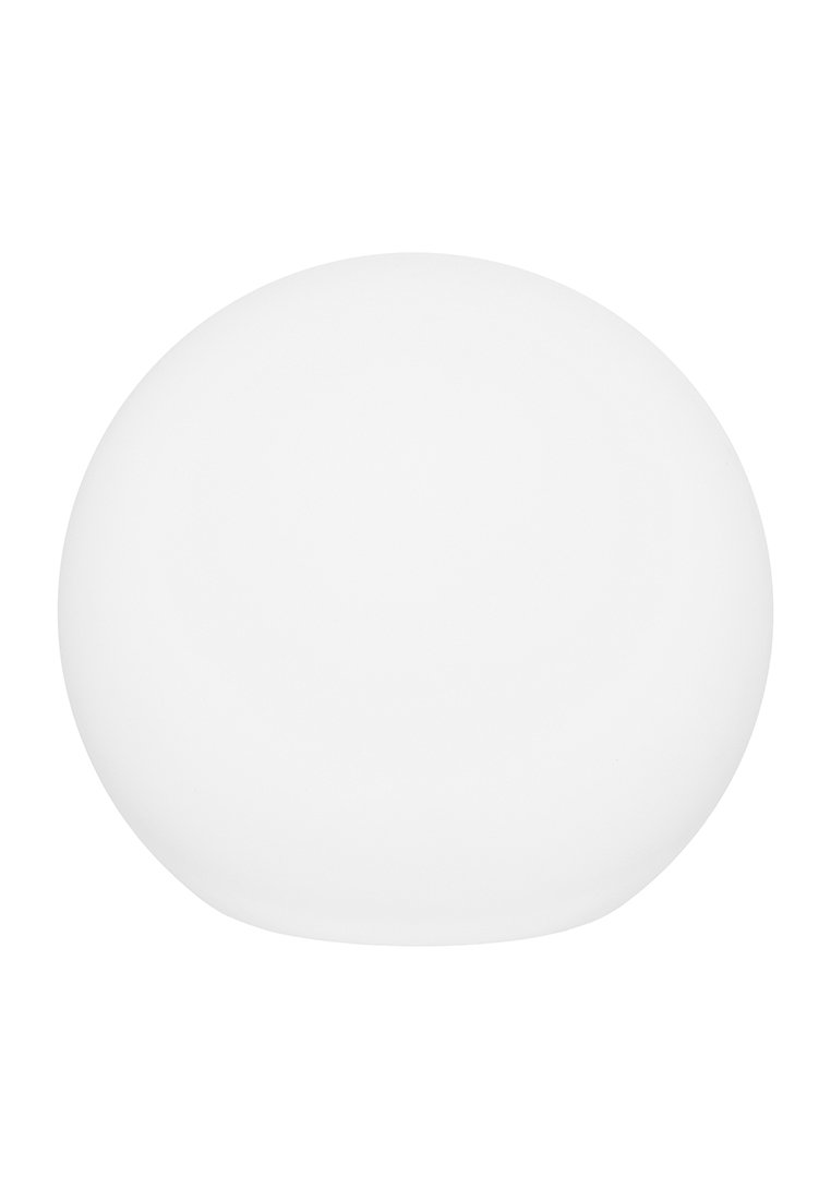 Lampada rotonda bianca e opaca con una superficie liscia e un design semplice, dotata di una base piatta e di una parte superiore leggermente bombata per una distribuzione uniforme della luce.