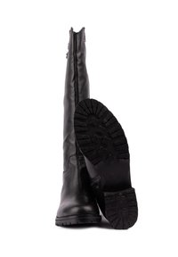 Black leather knee-high boot with a textured outsole, featuring a side zipper and smooth finish on the shaft, designed for durability and comfort.