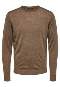 Brauner Langarmpullover mit Rundhalsausschnitt, aus weichem Stoff gefertigt, mit glatter Textur und ribbeligen Bündchen und Saum.