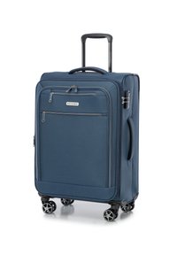 Valigia blu con superficie testurizzata, doppia cerniera, tasca frontale, manico estraibile e quattro ruote girevoli per la mobilità.