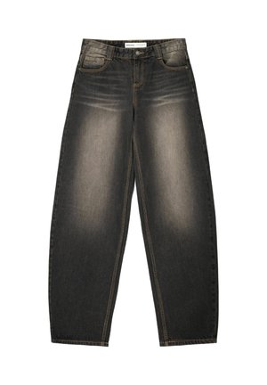 Jeans en denim gris à jambes larges avec un léger délavage, cinq poches, des coutures en contraste et une coupe décontractée. Pas de motifs ou d'embellissements visibles.