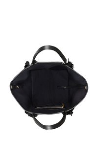 Black leather tote bag with a fabric interior. Features dual handles, a zip pocket, and two open compartments. Smooth texture, minimalistic design.