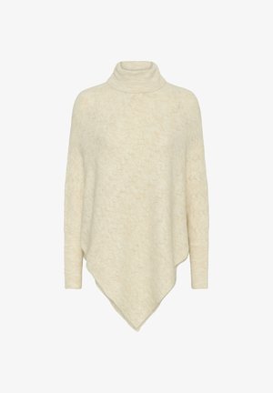 Poncho en tricot crème, avec un col roulé, présentant un motif en maille texturé avec un design en losange et un ourlet diagonal. Matière douce et confortable.