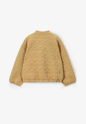 Veste matelassée beige clair avec un col côtelé, un ourlet élastiqué et des manches longues. Présente un motif texturé ressemblant à des cœurs.