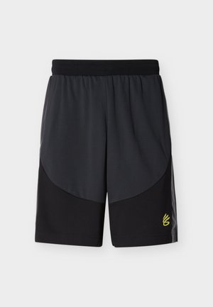 Pantaloncini sportivi neri e grigio scuro con vita elastica e piccolo logo giallo sulla parte inferiore della gamba sinistra.
