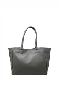 Szara skórzana torba tote z dwoma uchwytami, prostokątny kształt, fakturowane wykończenie i widoczne akcenty szycia. Brak dodatkowych ozdób.