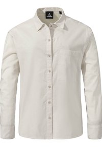 Light-colored long-sleeve shirt with a button-down collar, front pocket, and subtle logo on the chest. Made from a smooth, textured fabric.