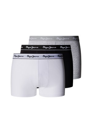 Trzy męskie bokserki w kolorze białym, czarnym i szarym, każda z markowanym elastycznym pasem z napisem "Pepe Jeans."
