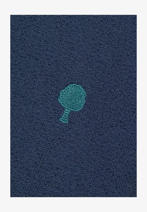 Navy knitted fabric featuring a textured surface with an embroidered green tree logo at the center, adding a contrasting detail.